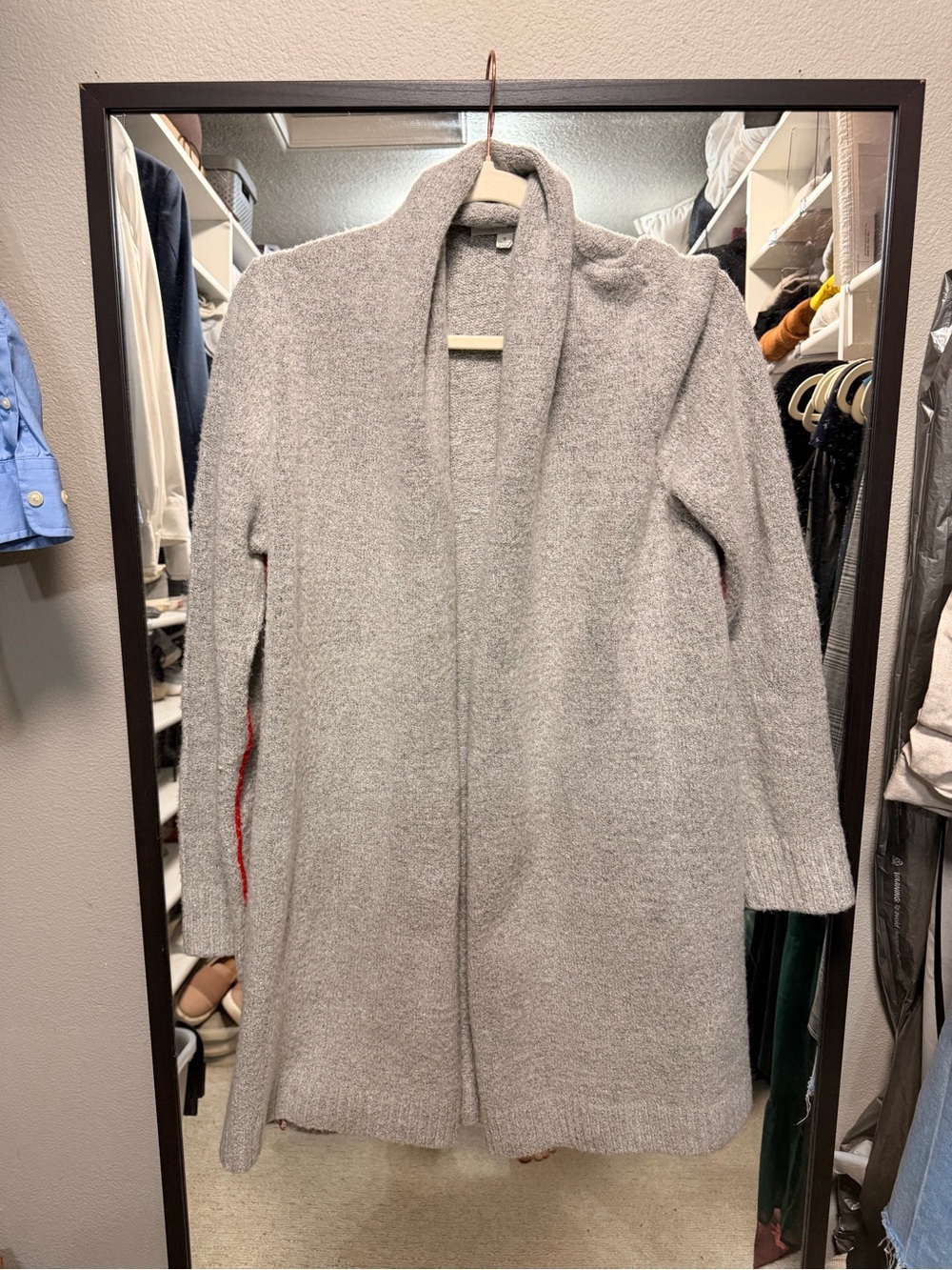 Honey Punch Light Gray Open-Front Shawl Collar Cardigan with Red Trim